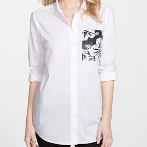 NWT MICHAEL Michael Kors White Sequin Patch Button Front Blouse XS $99.50